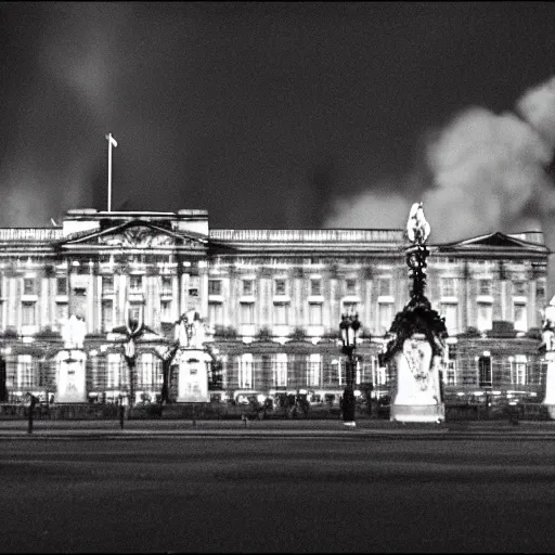 Prompt: photography of Buckingham palace in flames, dark smoke, VFX, cinematic, rule of thirds, golden ratio, evening