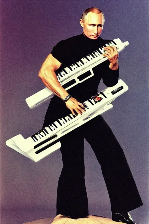 Image similar to Vladimur Putin rocking the Keytar in the style of Frank Frazetta