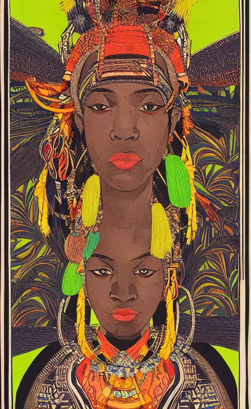 Image similar to upper half portrait of retro futuristic african tribal chief - embellished with vegetation and iridescent crystals, art by utagawa kunisada, highly detailed, digital painting, concept art, illustration, sharp focus, intricate, symmetry, artstation, colourful,