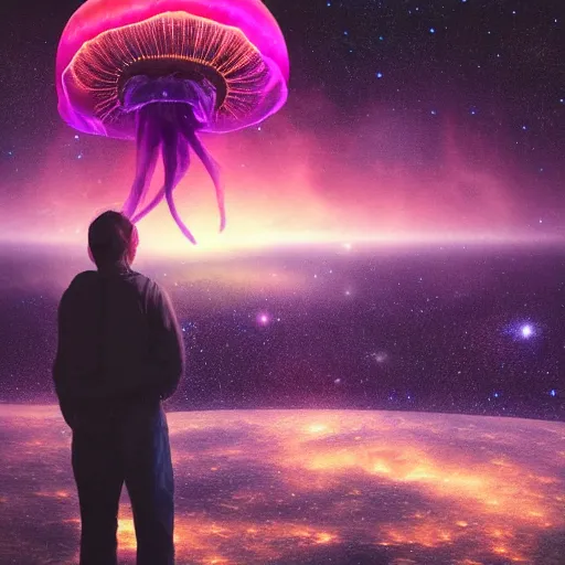 Image similar to over the shoulder photo of a man watching many magic glowing jellyfish in glowing cosmic stardust, colorful stars, galaxies, space, award winning photo, intricate, high detail, atmospheric, desolate, artstation