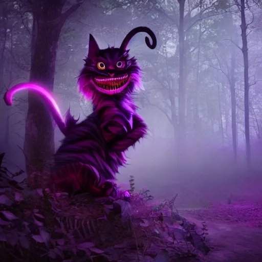 Image similar to demonic cheshire cat in a neon purple forest, horror, scary, realist, cryengine, hdr