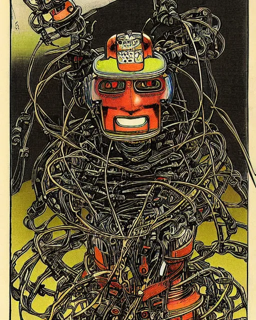 Prompt: Kuniyoshi portrait of a robot saint made of cables and robotic pod by Marc Silvestri