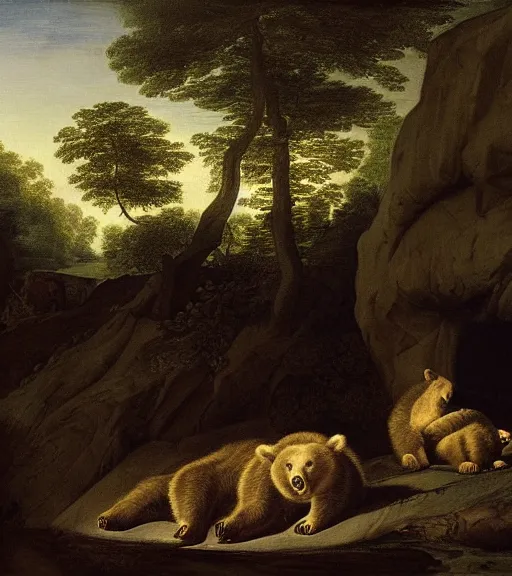 Image similar to a mother bear and her cubs sleeping in a dark cave POV from outside at night, artwork by Pieter Claesz