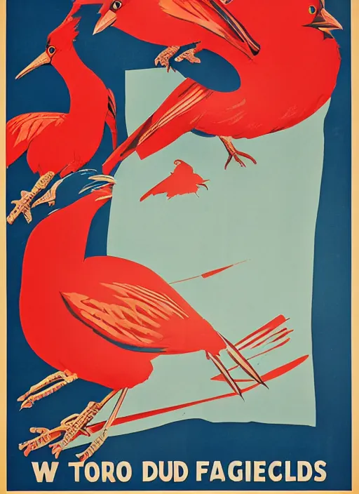 Image similar to propaganda poster instructing to run away from red birds