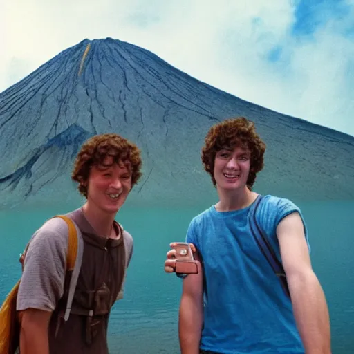 Prompt: frodo and sam take a selfie at mount doom, cinestill colour, anamorphic