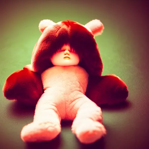 Image similar to lomography long shot of cute plush fluffy chthonic doll monster made to look like a baby, bokeh background