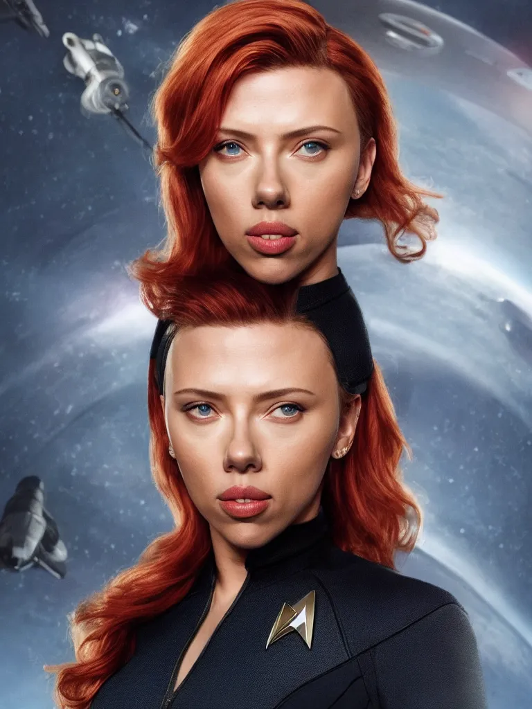 Prompt: Scarlet Johansson in a Star Trek suit, highly detailed headshot portrait.