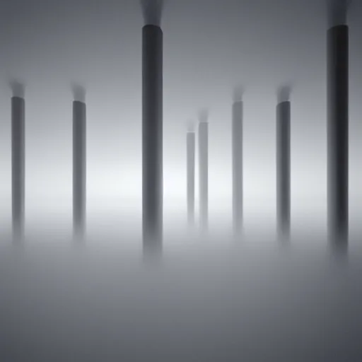 Image similar to 3 d render of an infinite gray flat landscape with giant gray pillars that go infinite height, eerie, slightly dark, slightly foggy, first person,