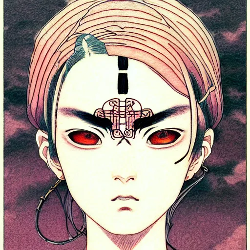 Prompt: prompt: Fragile looking character soft light portrait face drawn by Takato Yamamoto and Katsuhiro Otomo, tattooed face, facial hieroglyph tattoos , inspired by Akira 1988 anime, alchemical objects on the side, soft light, intricate detail, intricate gouache painting detail, sharp high detail, manga and anime 2010