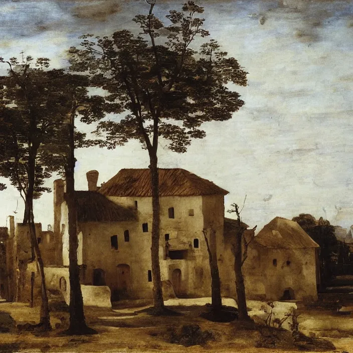 Prompt: a building in a serene landscape, by diego velazquez