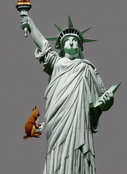 Prompt: A marble statue of a squirrel holding an acorn in the style of Statue of Liberty. museum photo