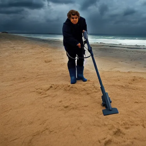 Prompt: anakin skywalker vacuuming the beach to remove all the sand, 4k 15mm wide angle lens. Ultra HD