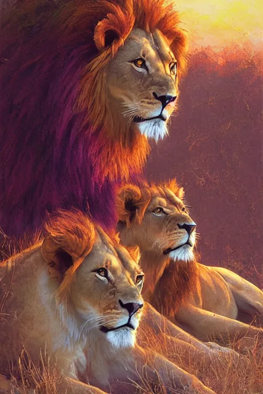 Image similar to spiritual twin flame lion and lioness art, pink sunset hue, highly detailed, oil painting hue, by craig mullins