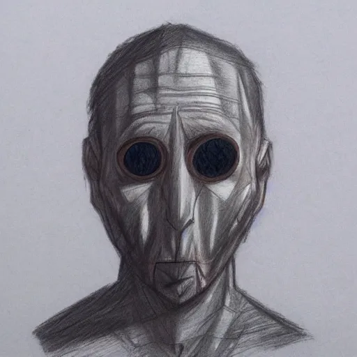 Image similar to colored pencil sketch man with blank eyes, no face, uncanny, unsettling proportions, portrait, man staring, artstation, pencil sketch, shadowy