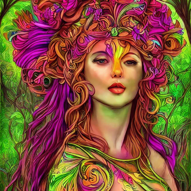 Image similar to the goddess of forests, colorful and beautiful, digital art