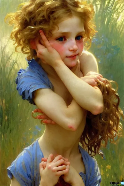 Image similar to a seven - year old with curly light - dirty - blonde hair, blue eyes, tan!! skin playing with foxes, painting by daniel gerhartz, alphonse mucha, bouguereau, detailed art, artstation