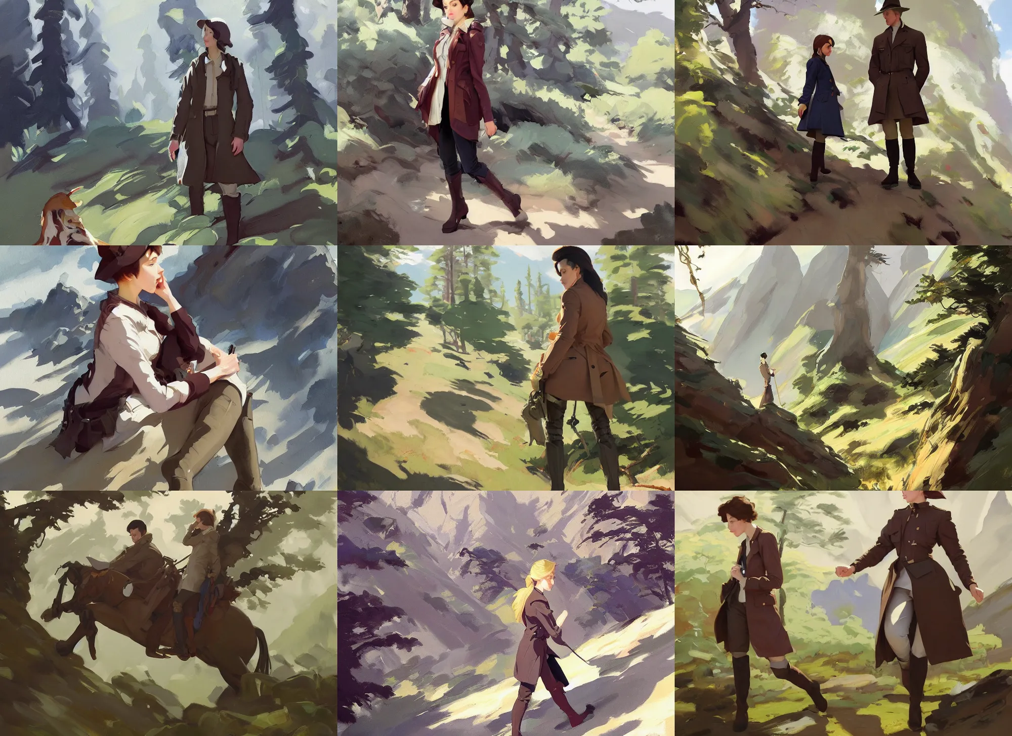 Image similar to cloth fabric jodhpurs knee high boots travel coat fashion, solo hiking in mountains trees, greg manchess painting by sargent and leyendecker, studio ghibli, fantasy, asymmetrical, intricate, elegant, matte painting, illustration, hearthstone, by greg rutkowski, by greg tocchini, by james gilleard, by joe fenton