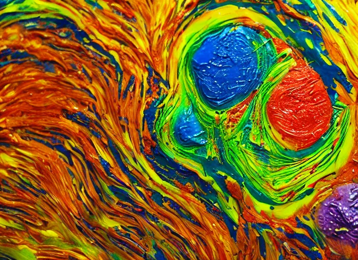 Prompt: still shot close up footage of a human head made of acrylic pour and splashing paint and dripping paint, thick impasto paint, embossed paint, big flying chunks of paint, motion blur, hyperrealistic, medical, intricate art photography, anatomically correct, realistic crisp textures, 1 6 k