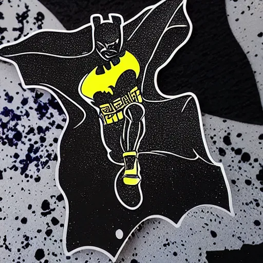 Image similar to die cut sticker, batman breakdancing in techwear splatter paint