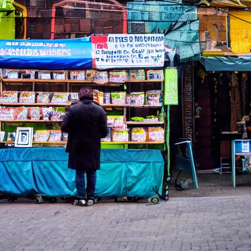 Image similar to a photo of a market stall at a street corner in the style of the film'minority report'taken from a distance, dslr