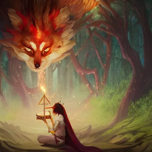 Image similar to Kitsune playing Harp in magical forest, magic the gathering artwork, D&D, fantasy, cinematic lighting, centered, symmetrical, highly detailed, digital painting, artstation, concept art, smooth, sharp focus, illustration, volumetric lighting, epic Composition, 8k, art by Akihiko Yoshida and Greg Rutkowski and Craig Mullins, heroic pose, oil painting, cgsociety