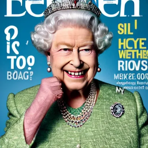 Image similar to the queen of england making a rude gesture in a magazine cover photo.