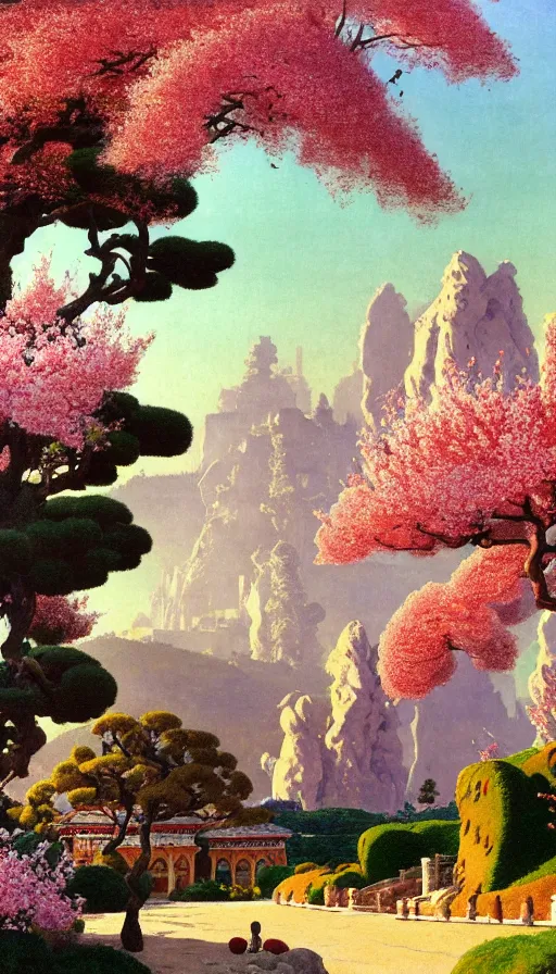 Image similar to ghibli illustrated background of strikingly beautiful west hollywood, california, with strange rock formations acastle is seen in the distance, and red water and cherry blossoms by vasily polenov, eugene von guerard, ivan shishkin, albert edelfelt, john singer sargent, albert bierstadt 4 k