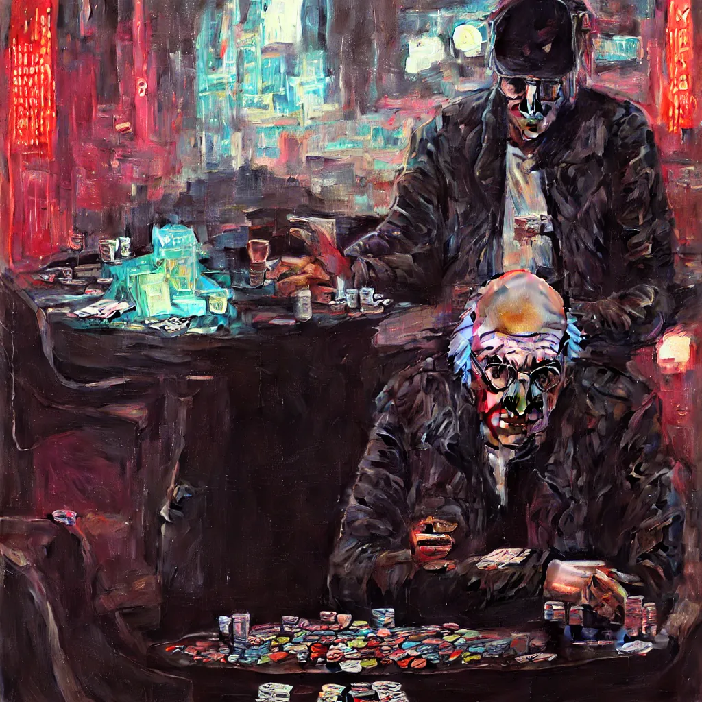 Image similar to detailed portrait larry david playing poker, cyberpunk futuristic neon, reflective puffy coat, decorated with traditional Japanese ornaments by Ismail inceoglu dragan bibin hans thoma greg rutkowski Alexandros Pyromallis Nekro Rene Maritte Illustrated, Perfect face, fine details, realistic shaded, fine-face, pretty face