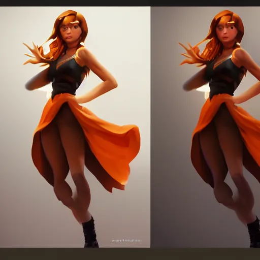 Image similar to upper body illustration of a beautiful latin girl, brown skin, orange hair, small waist, she wears a pretty miniskirt, mattepainting concept blizzard pixar maya engine on stylized background splash comics global illumination lighting artstation, sharp focus, epic, elegant greg rutkowski