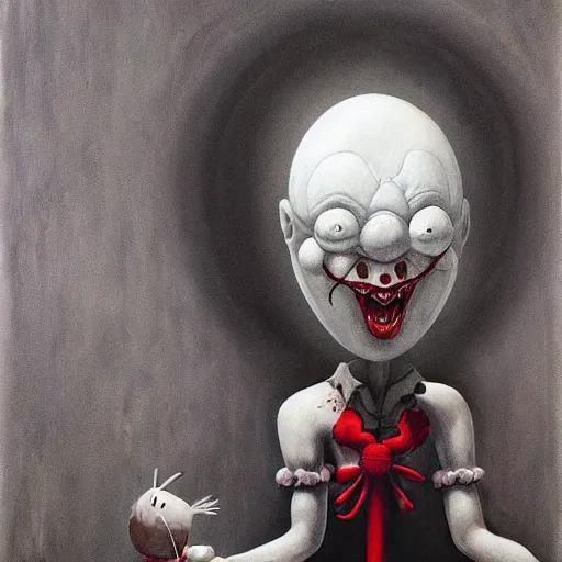 Image similar to grunge painting of bugs bunny with a wide smile and a red balloon by Zdzisław Beksiński, loony toons style, pennywise style, corpse bride style, creepy lighting, horror theme, detailed, elegant, intricate, conceptual, volumetric light