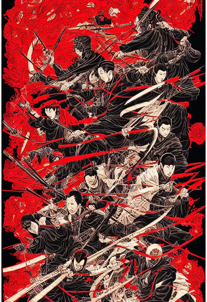 Image similar to a comic book style japanese poster of ronin by dan mumford, yusuke murata and junji ito, blood lines, yokai, shinigami, cherry blossom, spirits, sake, shurikens, kanji, 8k, unreal engine, trending on artstation, pixiv, intricate details, volumetric lighting