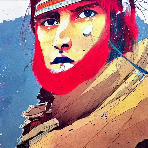 Image similar to painting of a lonesome warrior at the peak of himalayas, style of conrad roset