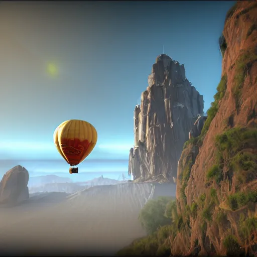 Prompt: hot air balloon carrying a hotel by H.P. Lovecraft, 8k, epic scene, scifi, unreal engine, masterpiece.