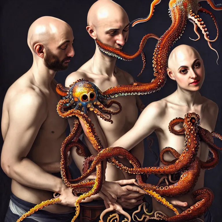 Prompt: young bald man couple wearing exoskeleton, holding a squid, octopus, sea in the background, beautiful baroque portrait painting, psychedelic, trippy, hallucination, dream, beautiful detailed intricate insanely detailed octane render trending on Artstation, 8K artistic photography, photorealistic, chiaroscuro, Raphael, Caravaggio