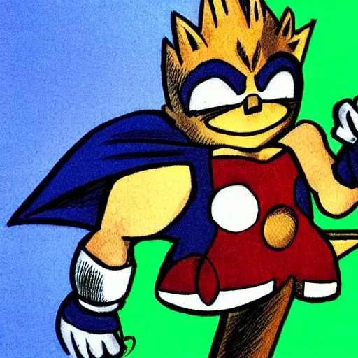 Prompt: super sonic wearing a wooden mask with a smile on it and wielding a bow and arrow, drawn by ian flynn