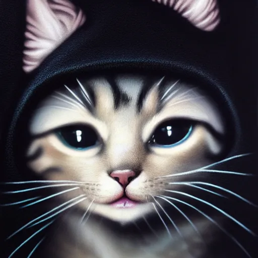 Image similar to a portrait of a kitten wearing a black hood, cloak covering face, anatomically correct, beautiful perfect face, enigmatic, oil painting, matte, black background, Volumetric dynamic lighting, Highly Detailed, Cinematic Lighting, Unreal Engine, 8k, HD, by Beksinski