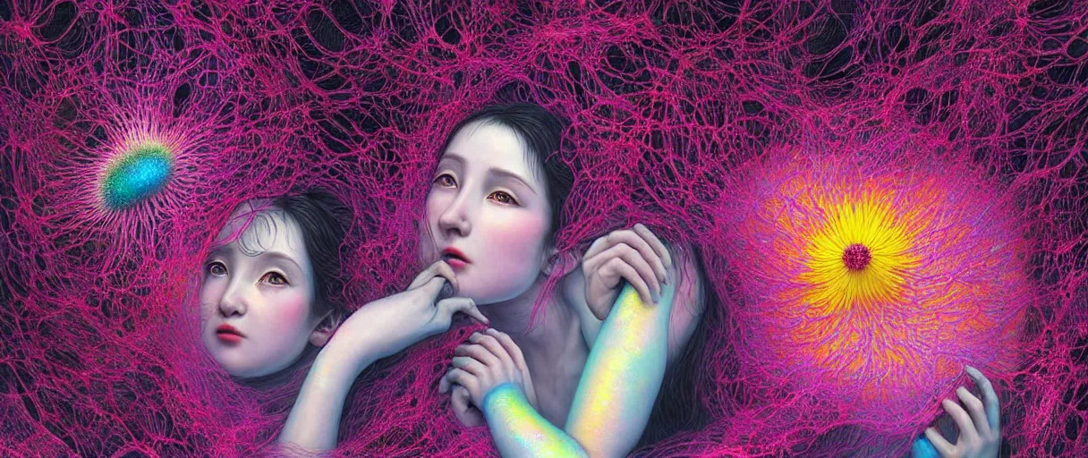 Prompt: hyper detailed 3d render like a Oil painting - kawaii portrait Aurora (black haired fairy laying back) seen Eating of the Strangling network of yellowcake aerochrome and milky Fruit and Her delicate Hands hold of gossamer polyp stamen blossoms bring iridescent fungal flowers whose spores black the foolish stars by Jacek Yerka, Mariusz Lewandowski, Houdini algorithmic generative render, Abstract brush strokes, Masterpiece, Edward Hopper and James Gilleard, Zdzislaw Beksinski, Mark Ryden, Wolfgang Lettl, hints of Yayoi Kasuma, octane render, 8k