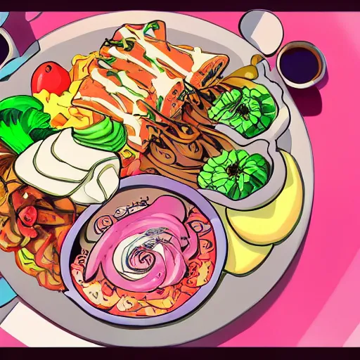 Image similar to delicious anime style food, scrumptious, beautiful, saturated