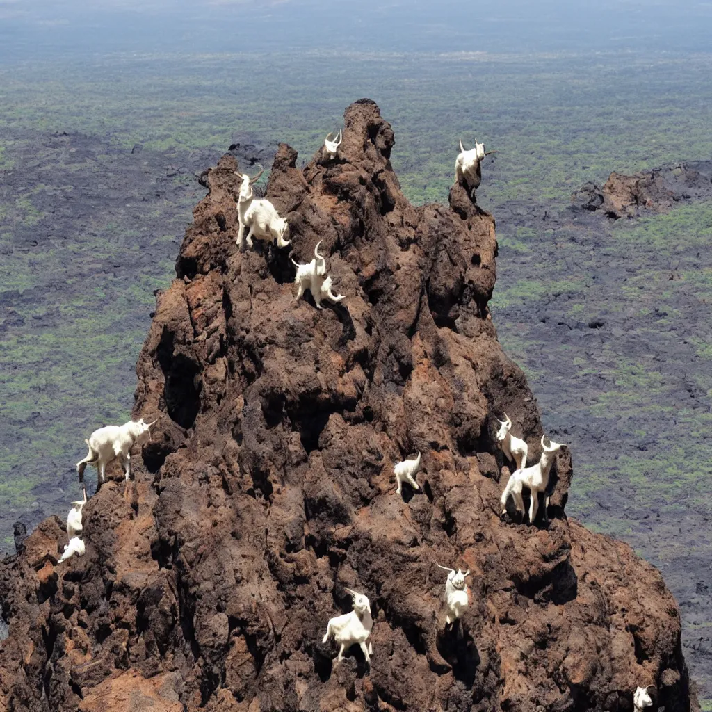 Prompt: satanic mountain goats on a sheer cliffside with lavaflow, lava waterfalls, dr. suess