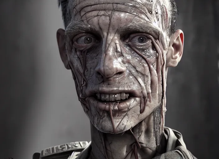 Prompt: mid shot portrait of wwii soldier with transparent skin, visible muscle and bones and veins and nerves, david cronenberg, hyperrealism, detailed textures, photorealistic 3 d cyberpunk apocalyptic city, futuristic clothing and helmet, ultra realistic, cinematic, intricate, cinematic light, unreal engine 8 k, octane render, unreal engine by david kostic and stanley lau and artgerm