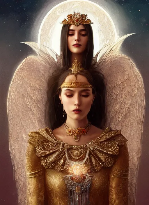 Image similar to A beautiful digital painting of a female Seraphim full of jewels, princess, the moon behind her, intricate, cinematic lighting, highly detailed, digital painting, Artstation, concept art, smooth, sharp focus, illustration, art by Tom Bagshaw, Artgerm and Greg Rutkowski