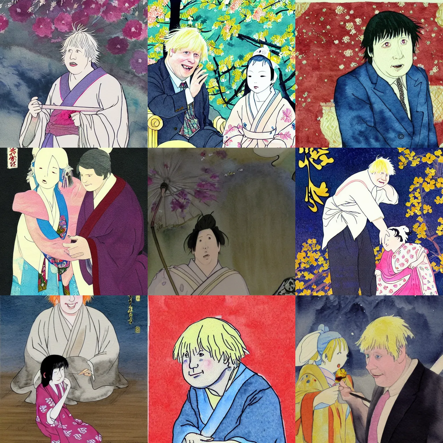 Prompt: boris johnson in the tale of princess kaguya ( 2 0 1 3 ), beautiful, bright, wholesome, watercolor