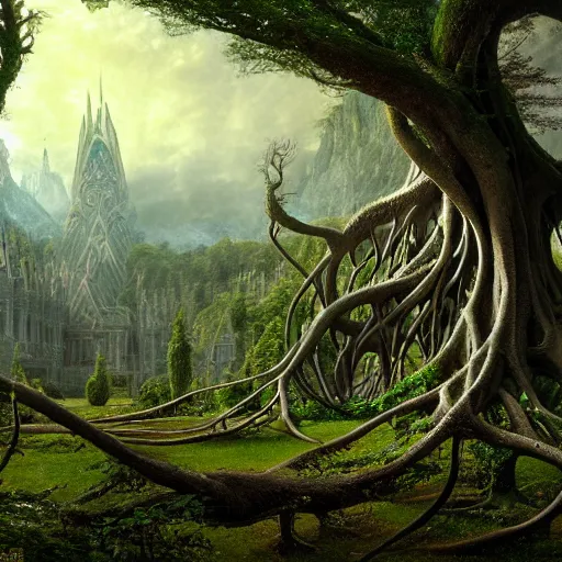 Image similar to a beautiful and highly detailed matte painting of an elven palace made of tangled tree roots, celtic, epic scale, insanely complex, hyperdetailed, sharp focus, hyperrealism, artstation, cgsociety, 8 k, by caspar friedrich, albert bierstadt, james gurney, brian froud,