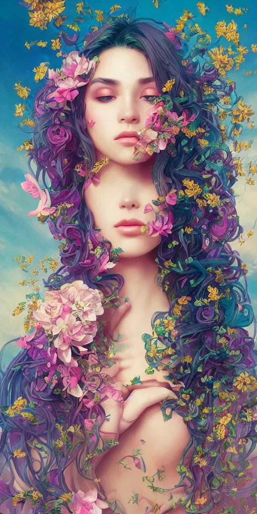 Prompt: beautiful, young woman, sad eyes, tears running down, vaporwave aesthetic, synthwave, colorful, psychedelic, long gown, flowers, bees, butterflies, ribbons, ornate, intricate, digital painting, artstation, concept art, smooth, sharp focus, illustration, art by artgerm and greg rutkowski and alphonse mucha