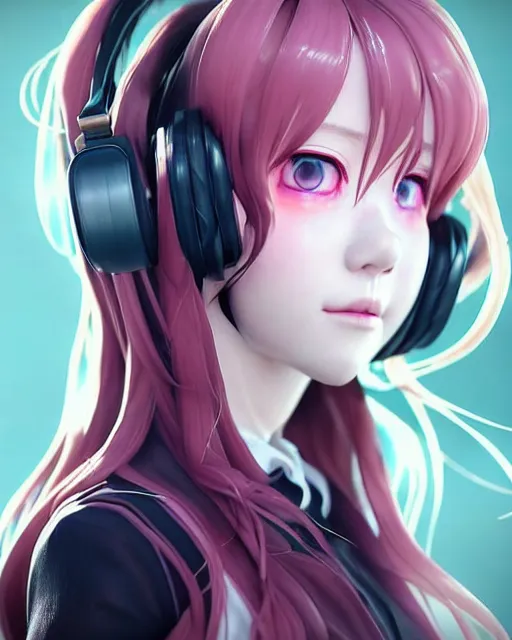 Prompt: beautiful portrait of a woman with pastel long hair with her eyes closed with headphones on in the style of a code vein character, dahyun from twice in code vein in the style of WLOP, artgerm, yasutomo oka, rendered in unreal engine and redshift octane , dynamic dramatic lighting, soft lighting, imagine fx, artstation, cgsociety, by Bandai Namco artist, background i surrounded by neon glitch effect