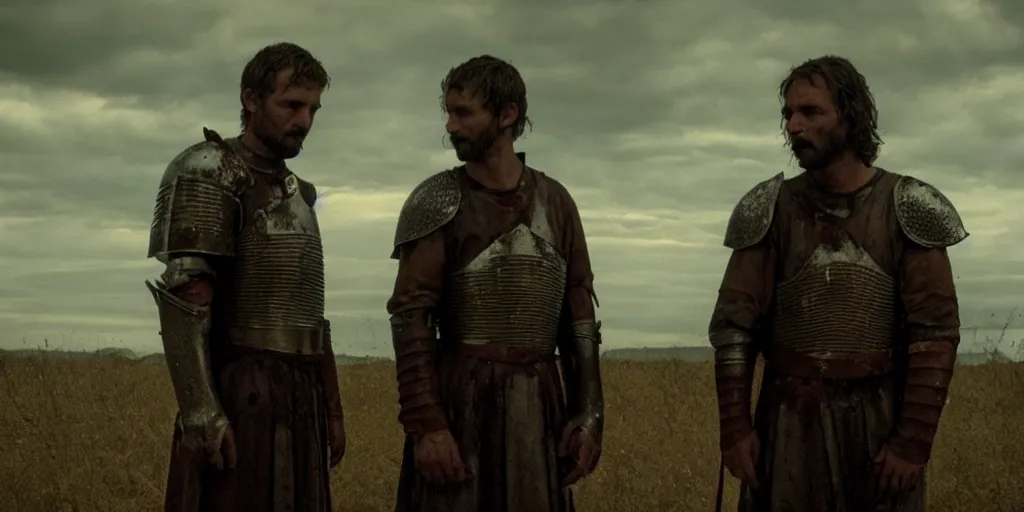 Prompt: film still of closeup a one knight stands on knee with a bloody heart in his hand by emmanuel lubezki