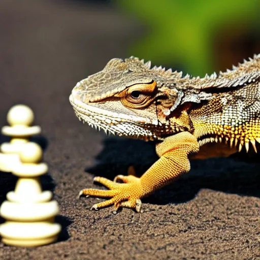 Image similar to a Bearded dragon playing chess, national geographic photo