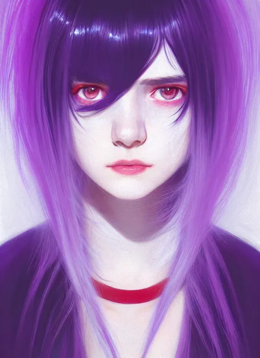 Image similar to hair whitebangs hair, black hair, whitebangs, portrait of teenage girl with white bangs, red irises, purple clothes, white bangs, bangs are different color from hair, intricate, elegant, glowing lights, highly detailed, digital painting, artstation, concept art, smooth, sharp focus, illustration, art by wlop, mars ravelo and greg rutkowski