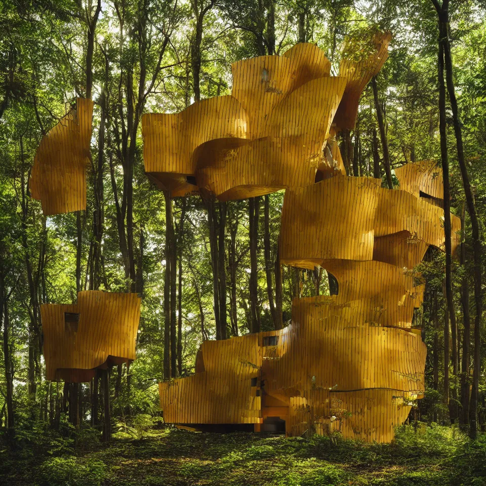 Prompt: a tiny horizontal house in a forest, designed by Frank Gehry. Big tiles. Small wooden pathway . Film grain, cinematic, yellow hue