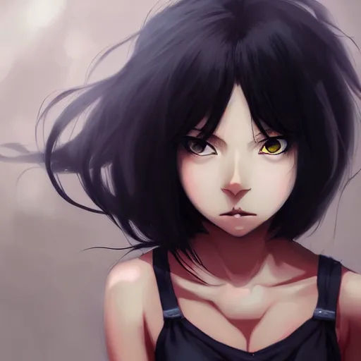 Image similar to beautiful angry girl, portrait, dark - skinned, black _ hair, cute, digital painting, pixiv, popular illustrations, by suzuame 9 7 kezie demessance enji _ works shia - ushio, masterpiece, cinema